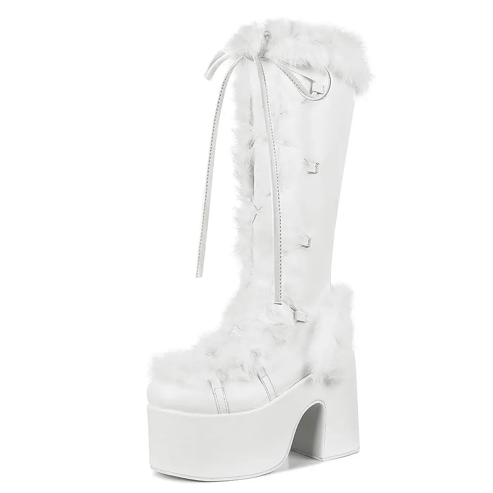 GIGIFOX Fur Super Chunky High Heel Platform Mid-Calf Boots For Women Faux Suede Round Toe Side Zipper Lace-Up Warm Casaul Boots