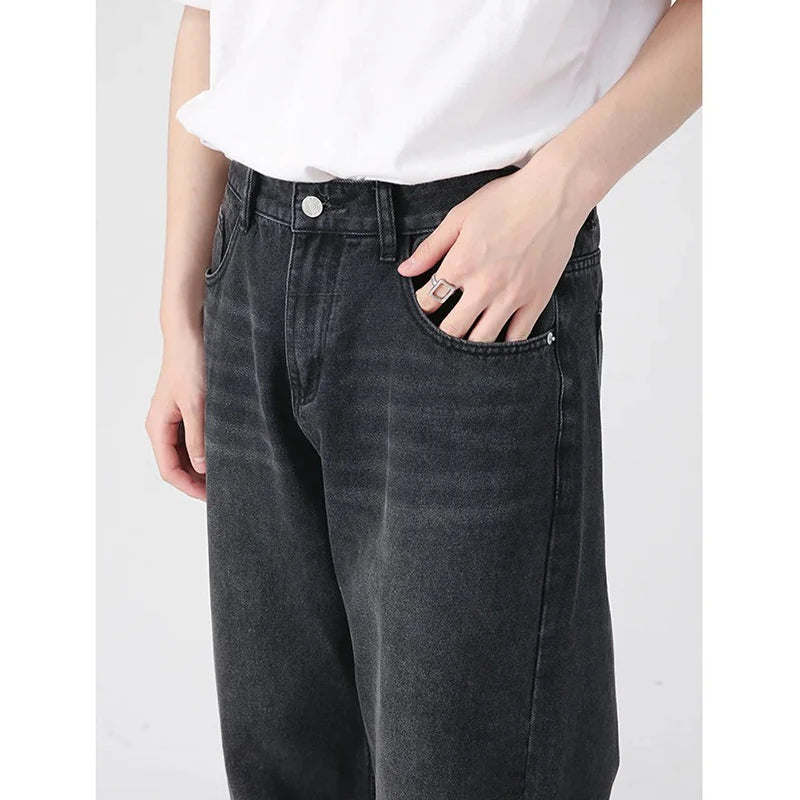 Men Classic Straight Leg Casual Jeans Male Brand Wide Leg Black Denim Pants Simple Vintage Outside High Street Denim Trousers