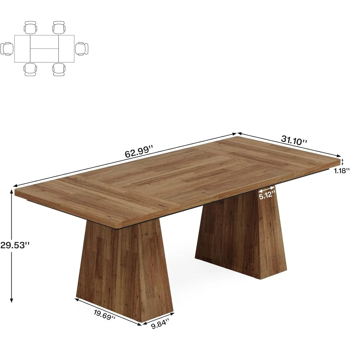 LITTLE TREE Dining Table for 6,Farmhouse Wood Dinner Rectangular Table with Double Pedestal, 63" L x 31.5" W x 30" H