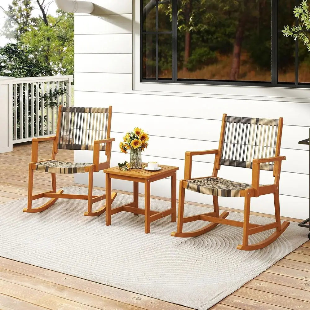 3-Piece Outdoor Patio Rocking Set with PE Rattan Chairs and Acacia Wood Coffee Table for Balcony, Garden, and Poolside