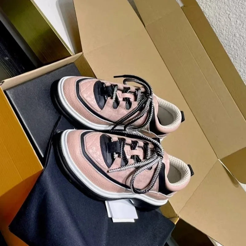 Women's Shoes Round Head Cowhide Color Matching Casual Sports Shoes Diamond Line Lace-up Leather Board Shoes