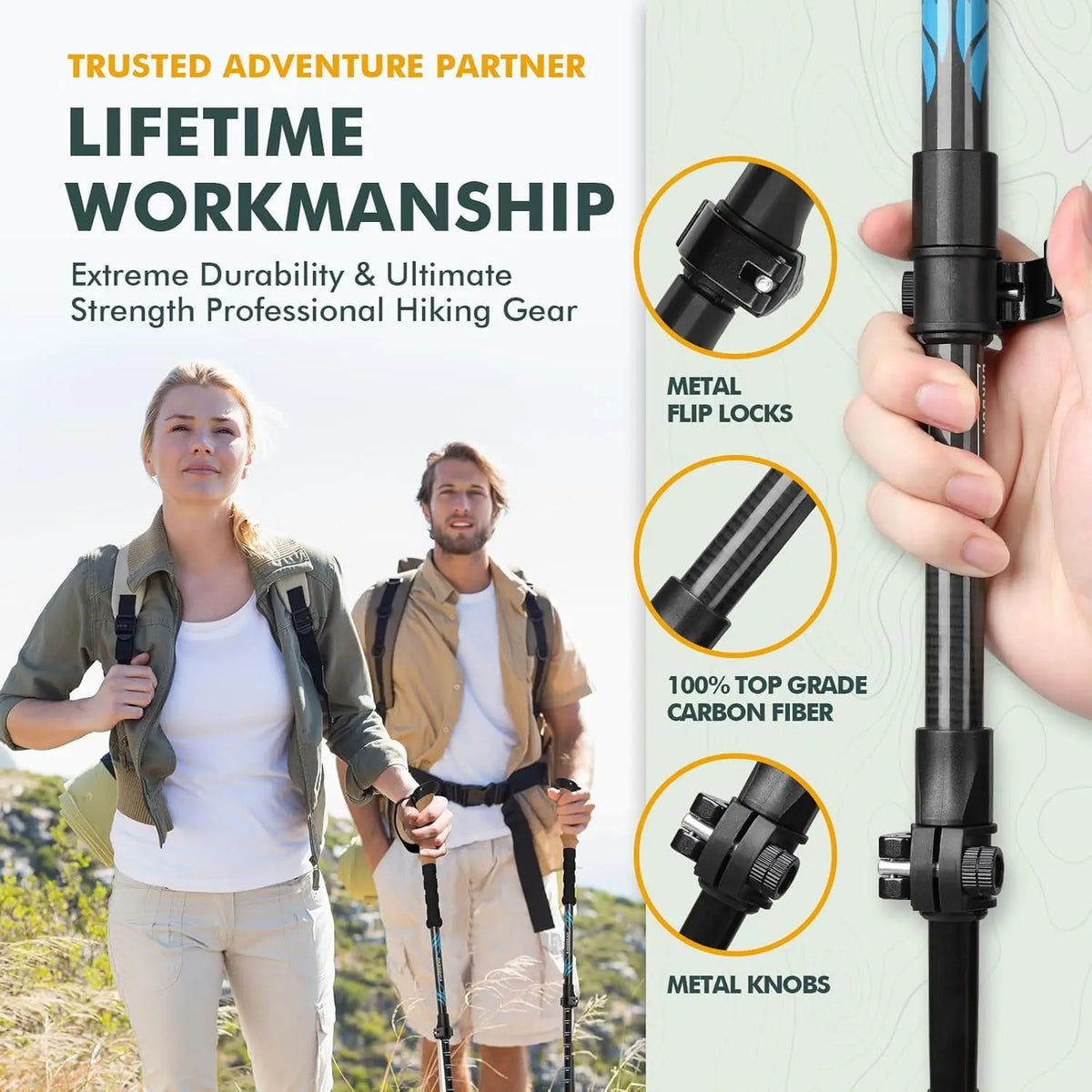 TPC 100% Carbon Fiber Hiking Poles, Telescopic Nordic Trekking, Lightweight Walking Stick with Cork & EVA Handle