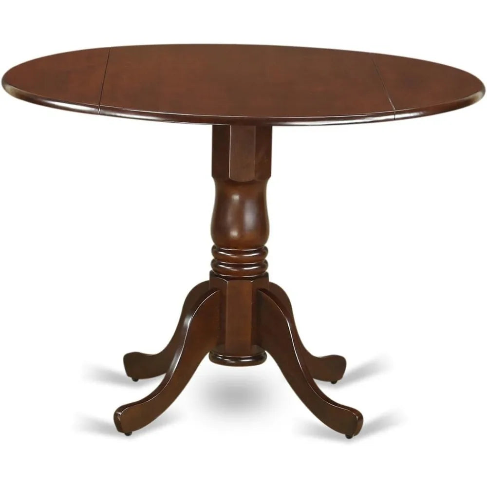 DLBR5-MAH-04 5 Piece Dining Room Furniture Set Includes a Round Dining Table with Dropleaf and 4 Light Tan Linen Fabric Upholst