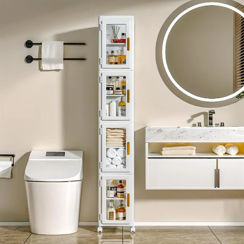 4-Tier Slim Storage Cabinet with Lockable Wheels, Adjustable Shelves for Bathroom, Kitchen, Living Room, Easy Assembly