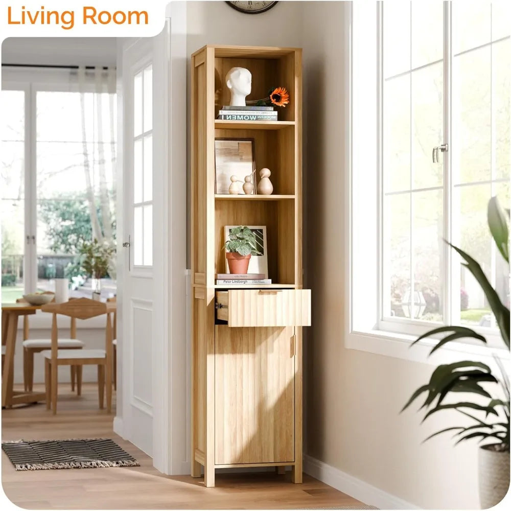 Narrow Fluted Bathroom Floor Skinny Storage Cabinet with 1 Fluted Door&Drawer,68 Tall Narrow12 Inch Deep Slim Bathroom St