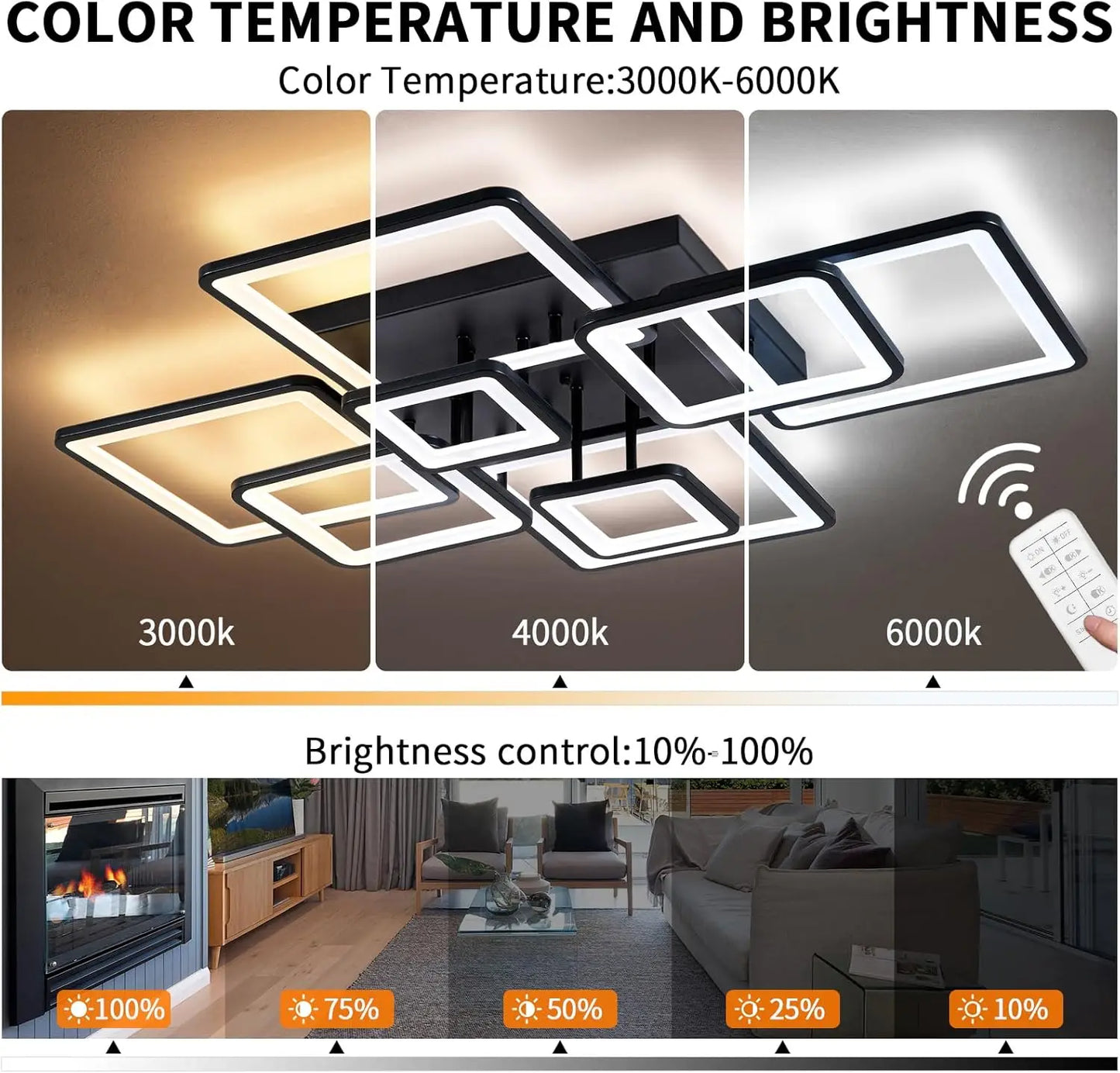 Modern LED Ceiling Light, Dimmable LED Chandelier Black Flush Mount Ceiling Lights, Remote Control Acrylic Ring Ceiling Lamp Fix