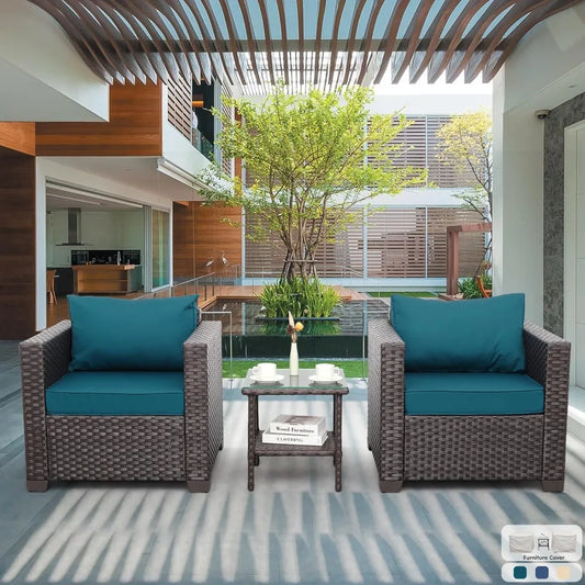 Patio Furniture 3 Piece Patio Set Patio Conversation Sets Outdoor Chairs and Glass Side Table Balcony Furniture with Non-Slip