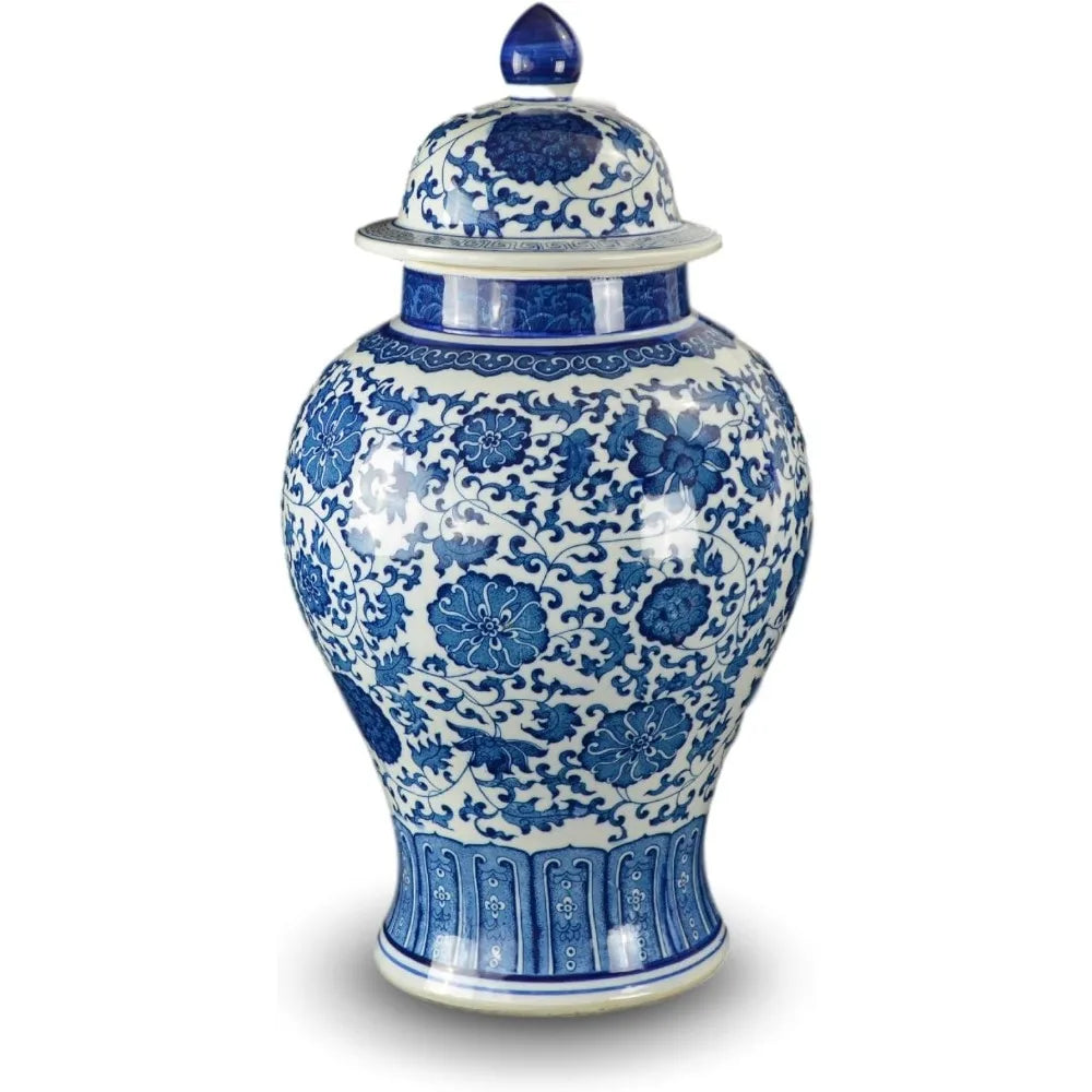 Large Antique-Inspired Blue and White Porcelain Floral Temple Jar Vase, Ming Dynasty Style, Handcrafted in Jingdezhen, China
