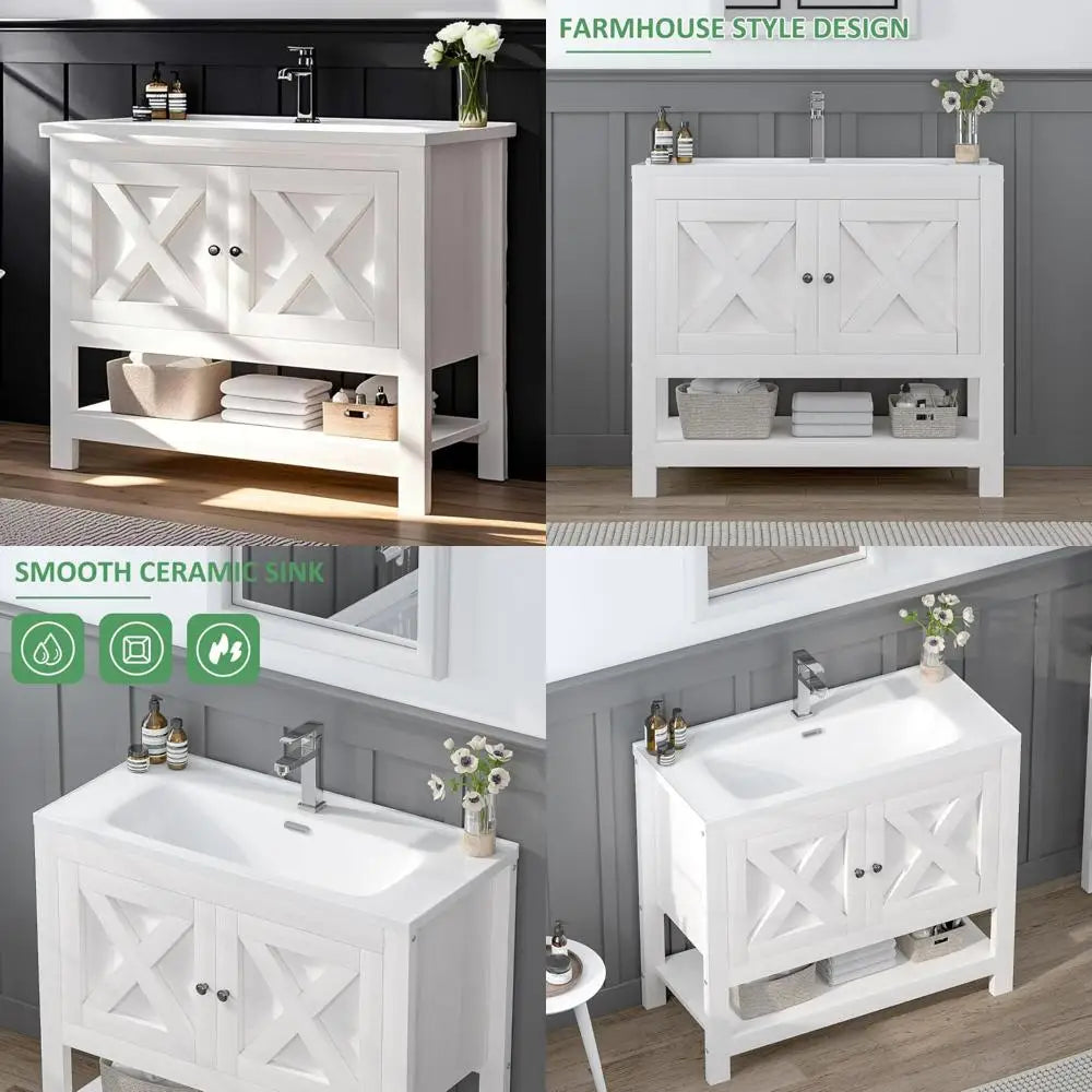 "35" modern farmhouse vanity with sink, freestanding cabinet, 2 doors & open shelf for bathroom
