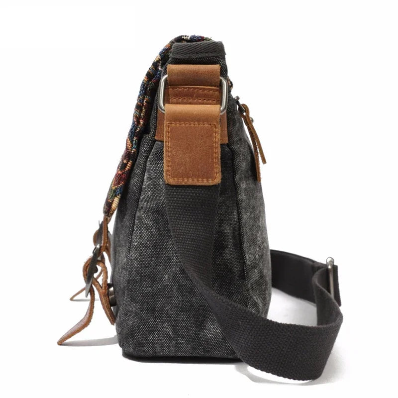 High Quality Waxed Canvas Shoulder Bag National Style Crossbody Bag Young Men Patchwork Color Flap Sling Bag 2022