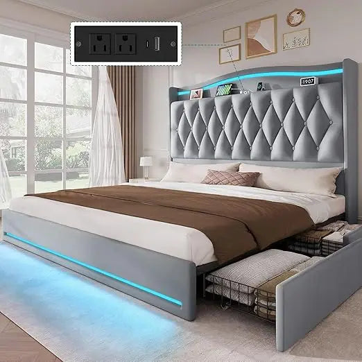King Size Velvet Upholstered Bed Frame with 4 Storage Drawers, 57 Tall Headboard, RGB LED Lighting, and Charging Station