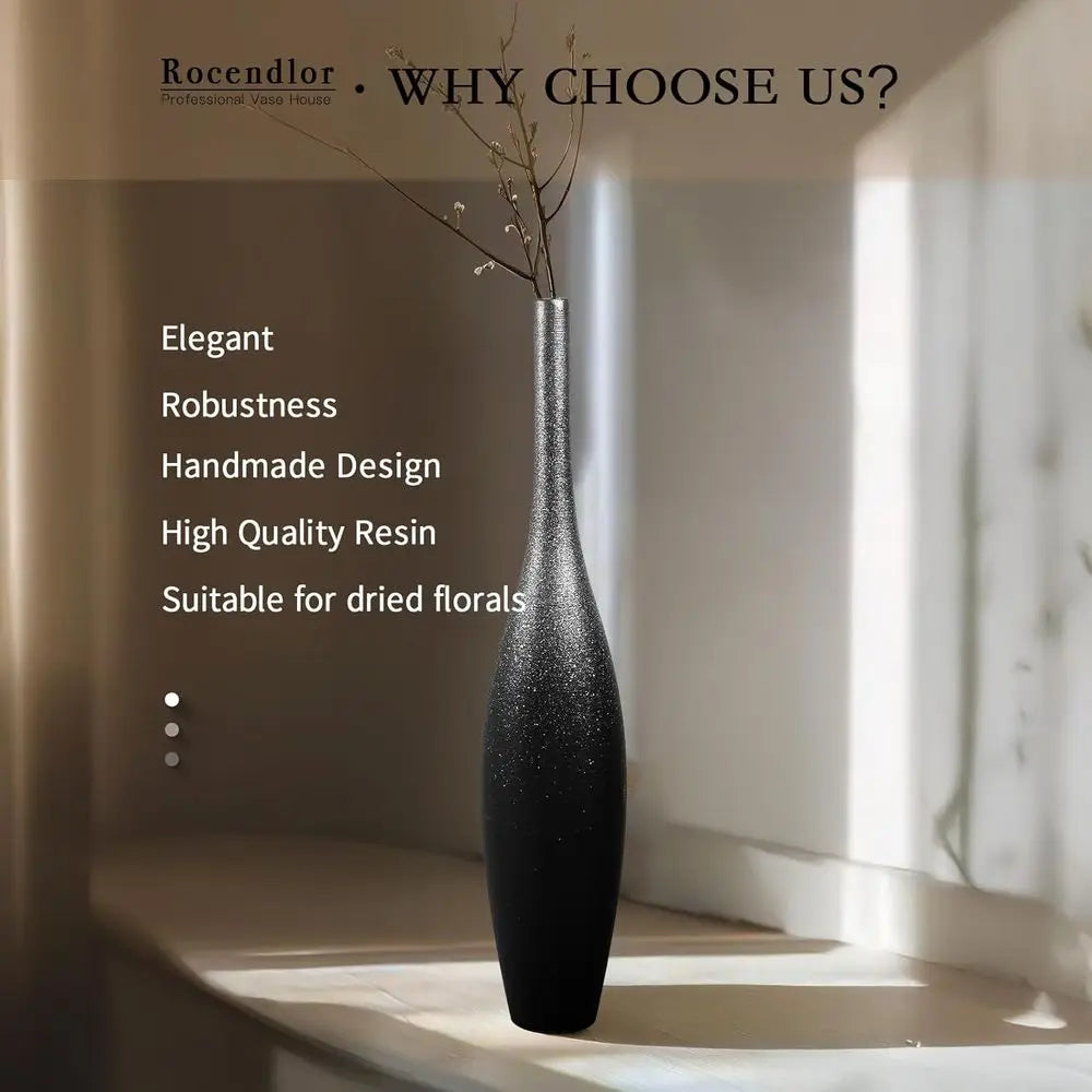 Large Decorative Modern Floor Vase - Black Silver Galaxy Ombre, Slim Neck, Weighted Base for Living Room, Entryway Home Decor