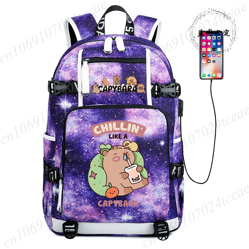 15.6 Inch Student Backpacks Japanese Large-capacity Backpack Girl Boys Simple Versatile Backpack Capibara Anime Usb School Bags