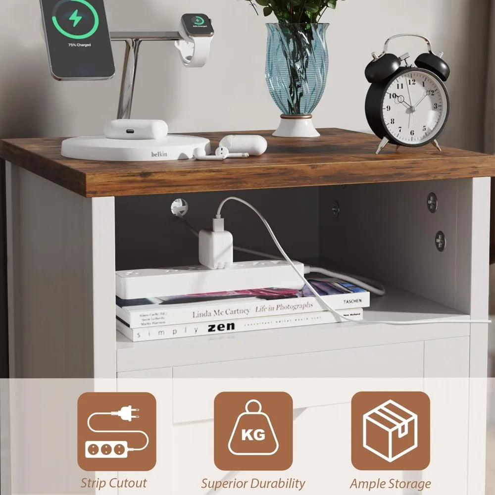 Modern Bedside Tables Set of 2, Nightstand with Barn Door and Open Shelf, Side Table for Small Spaces, Sleek and Compact Design