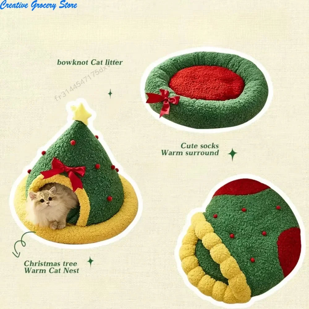 Christmas Cat Nest Thickened Pet Puppy Mats for Christmas Christmas Eve Cat Dog Socks Nest  Pet Furniture Semi Closed Cat House
