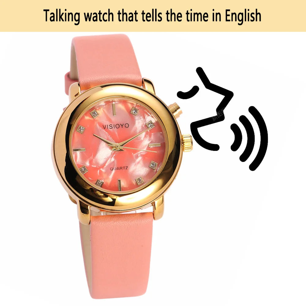 English Talking Ladies Watch Blind Elderly Visually Impaired Clock and Watch with Date Alarm Whole Time Chime Function