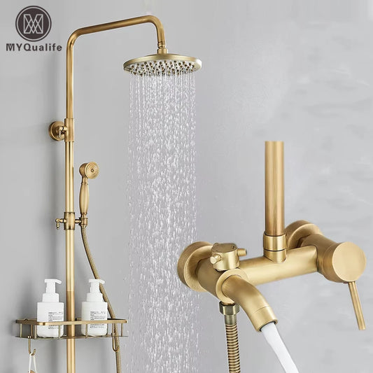Antique Brass Bathroom Shower Faucet Sets Rainfall Head Wall Mounted Mixer Tap Hot and Cold Taps