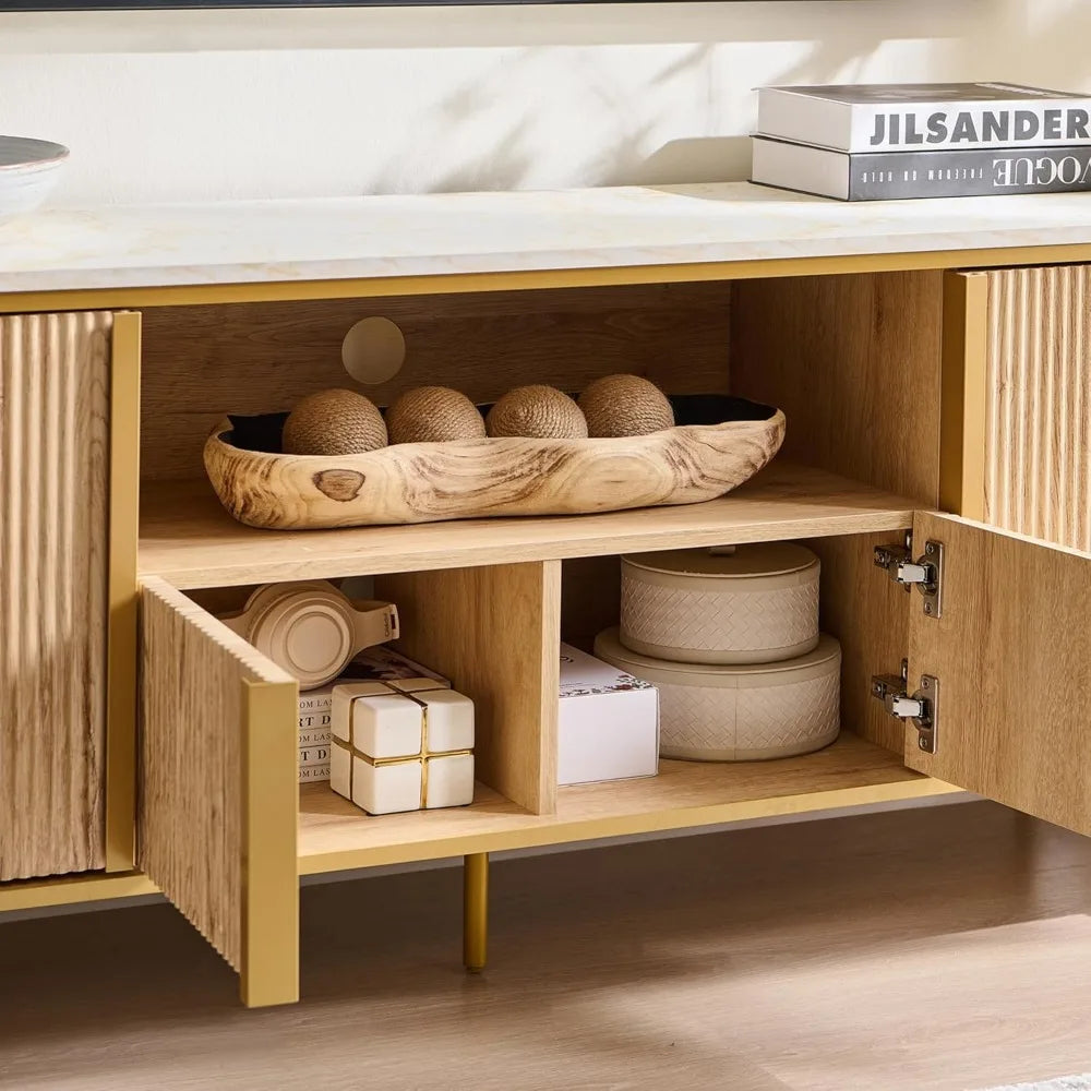 okd luxury 70" fluted tv stand, modern chic entertainment center for tvs up to 80 inches, tv console with faux marble top, curve