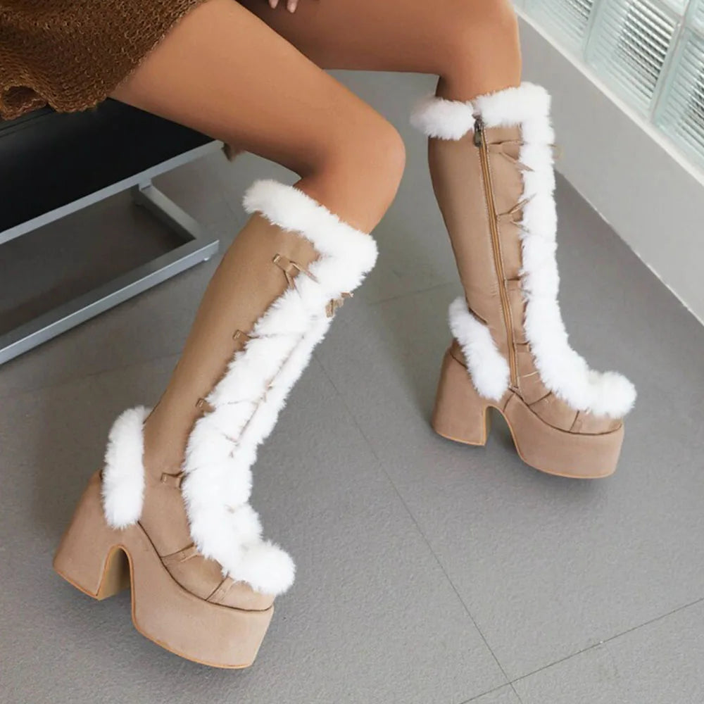GIGIFOX Fur Super Chunky High Heel Platform Mid-Calf Boots For Women Faux Suede Round Toe Side Zipper Lace-Up Warm Casaul Boots