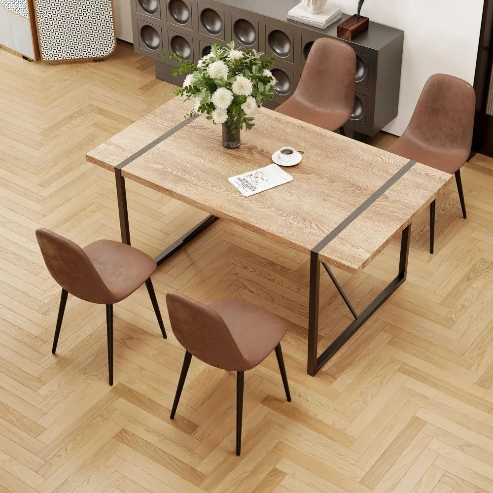 Modern 55" Wood Dining Table Set for 4 with Fabric Chairs, Perfect for Kitchen