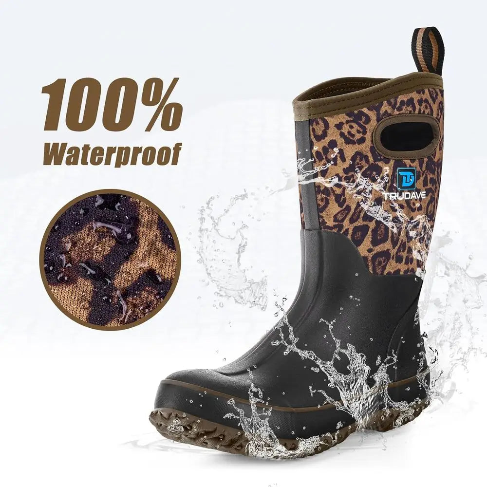 Trudave Rubber Boots for Women, Mid Calf Rain Boots, Womens Waterproof Boots, Neoprene Insulated Outdoor Work Mud Boots for Hunt