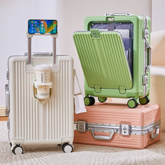 Front Opening Suitcase Aluminum Alloy Widen Trolley Rolling Luggage with Cup Holder TSA Lock Spinner Wheels Carry-on Case Bag