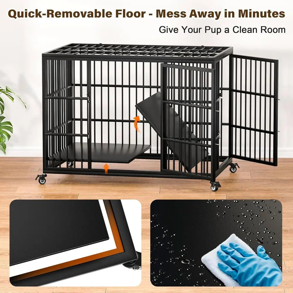 Extra-Large Heavy-Duty Dog Crate with Self-Locking, Steel Indoor Kennel for Large Breeds, XL Double-Door Metal Pet Cage on Wheel