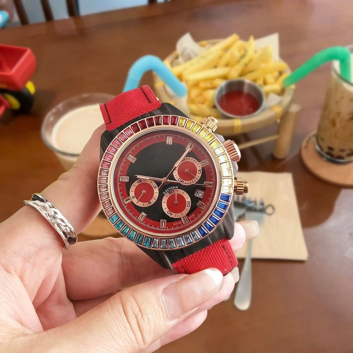 Luxury Mens Watch Genuine Stainless Steel Strap Alloy Case Three Eye Six Hands Chronograph Diamond Accent High Quality
