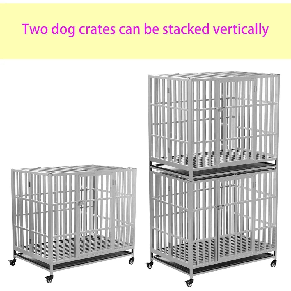 37" 42" 48" heavy duty dog cage stainless steel metal kennel and crate, collapsible for medium to large dogs, easy to assemble p