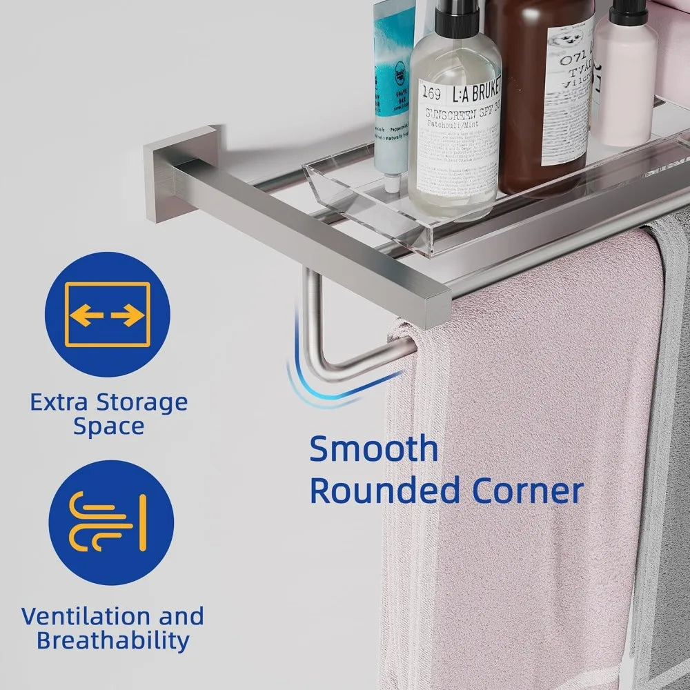 24 Inch Stainless Steel Square Base Towel Rack with Towel Bar, Wall Mounted Bathroom Shelf for Modern Home Decor