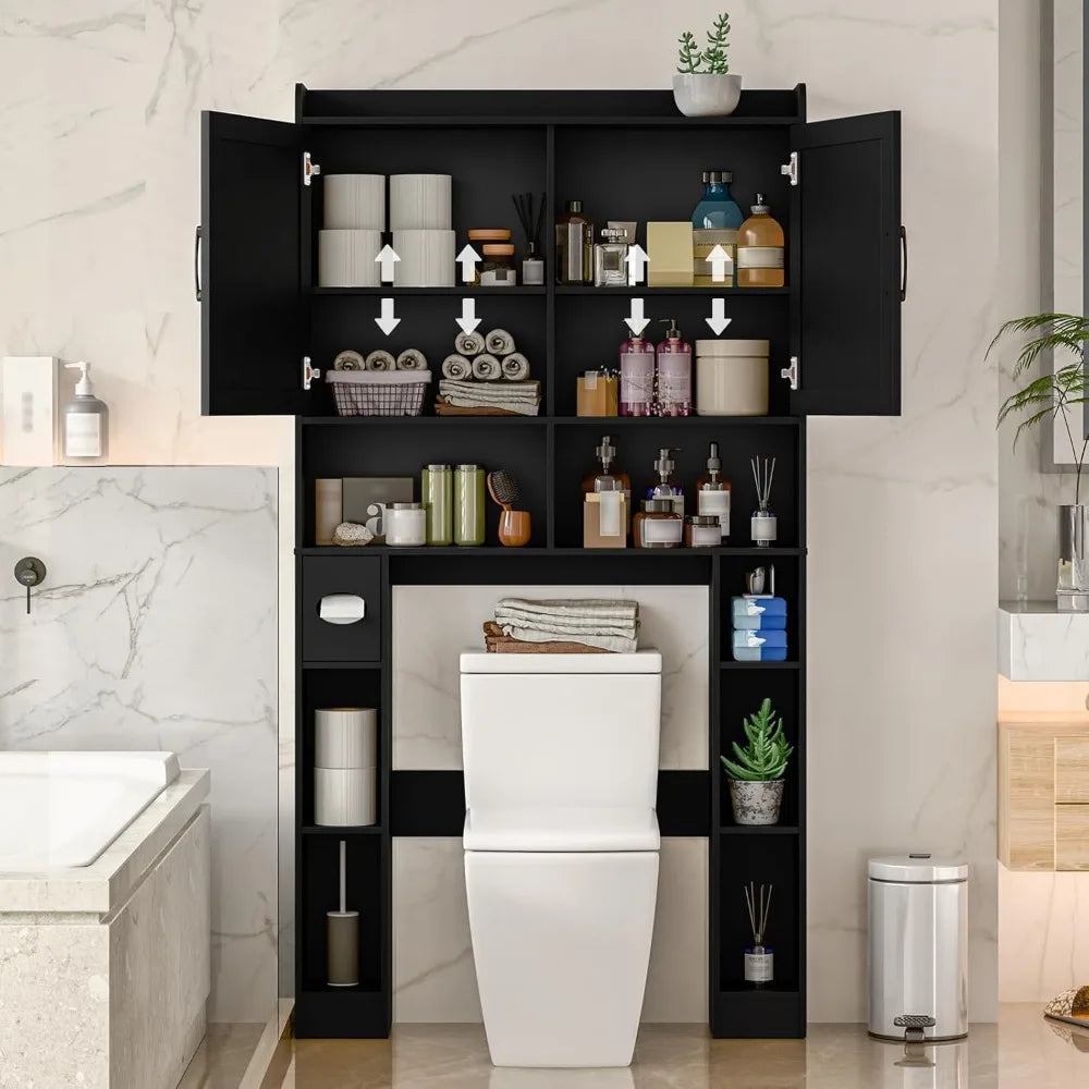 Over The Toilet Storage Cabinet, Farmhouse Toilet Cabinet Rack with Barn Doors, Space Saving Bathroom Organizer with Shelves, To