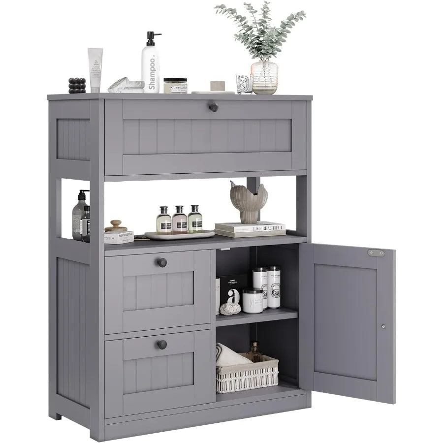 Modern freestanding bathroom cabinet with 1 door and 3 drawers for floor storage ideal for organizing kitchen or living room es