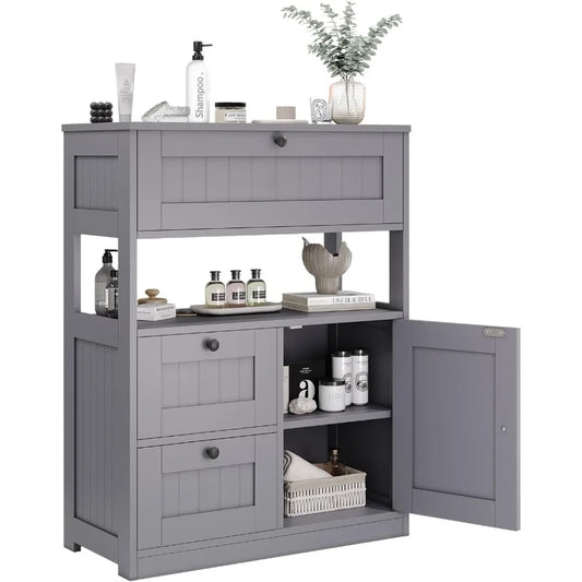 Modern freestanding bathroom cabinet with 1 door and 3 drawers for floor storage ideal for organizing kitchen or living room es