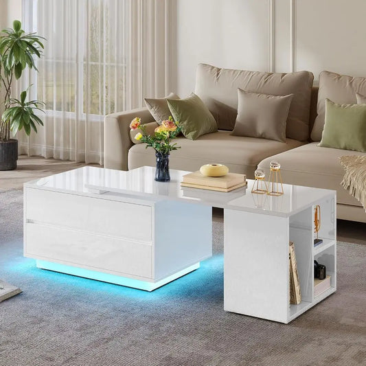 Modern Rectangular LED Coffee Table with Storage, 4 Drawers, Extendable 35-61 for Living Room, White
