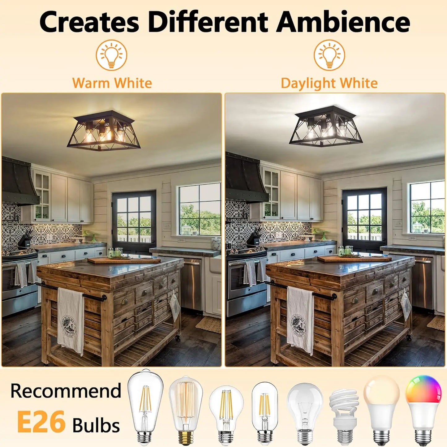 4-Light Black Flush Mount Ceiling Light for Kitchen Hallway, Industrial Close to Ceiling Lighting, Farmhouse Square Ca