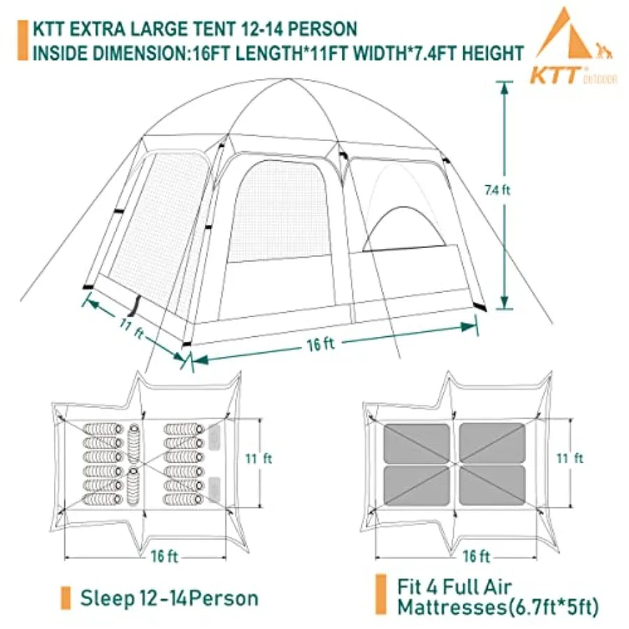 Extra Large Tent for 6101214 People with 2 Rooms 3 Doors and 3 Windows Featuring Mesh Panels Straight Wall Design Waterproof Do
