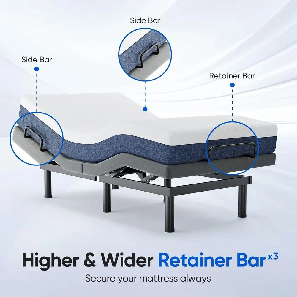 Split King Electric Adjustable Bed Frame with Wireless Remote, 3 Retainer Bars, Anti-Snore, Zero Gravity Features