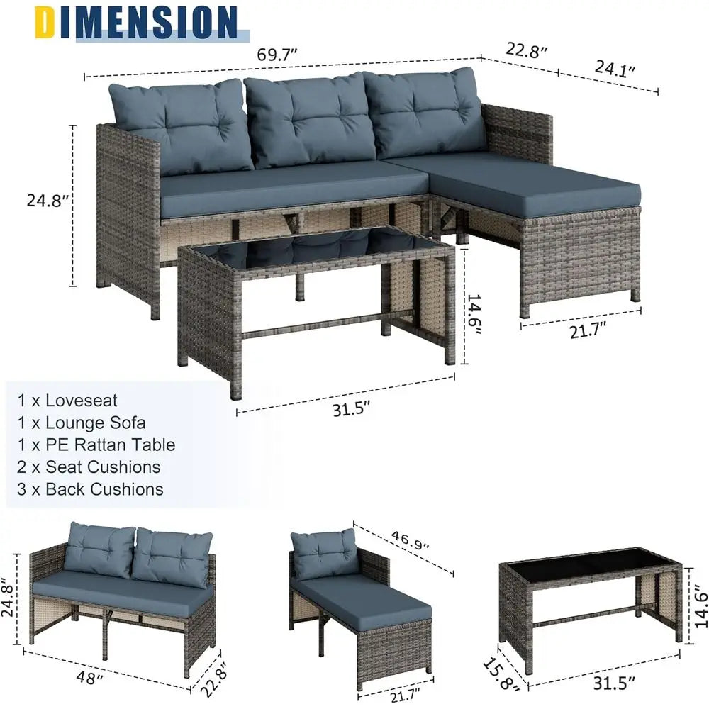 All-Weather Wicker Patio Furniture Set, Blue Outdoor Sofa Sectional with Cushions and Glass Table for Small Garden Conversation