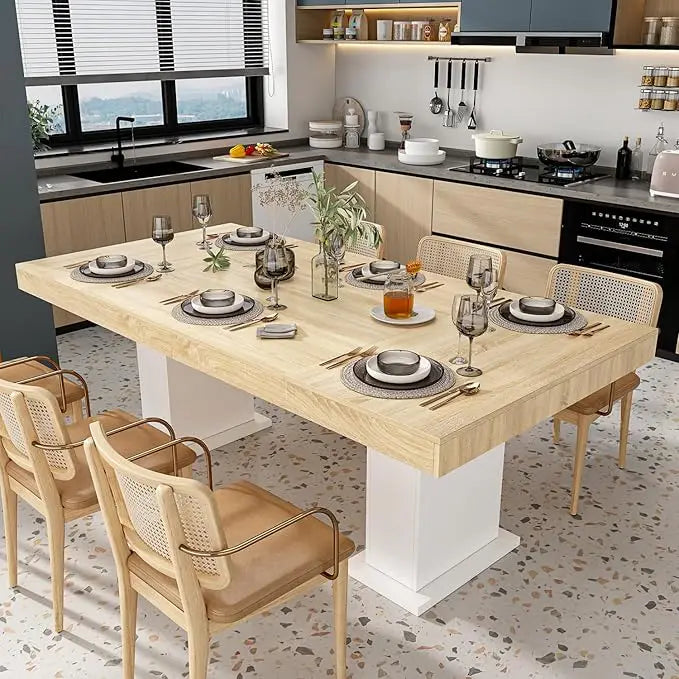 Large 78.7" L Dining Table for 8-10 People, Modern Wood Rectangular Kitchen Table Dinner Table with Pedestal Legs for Dining Ro