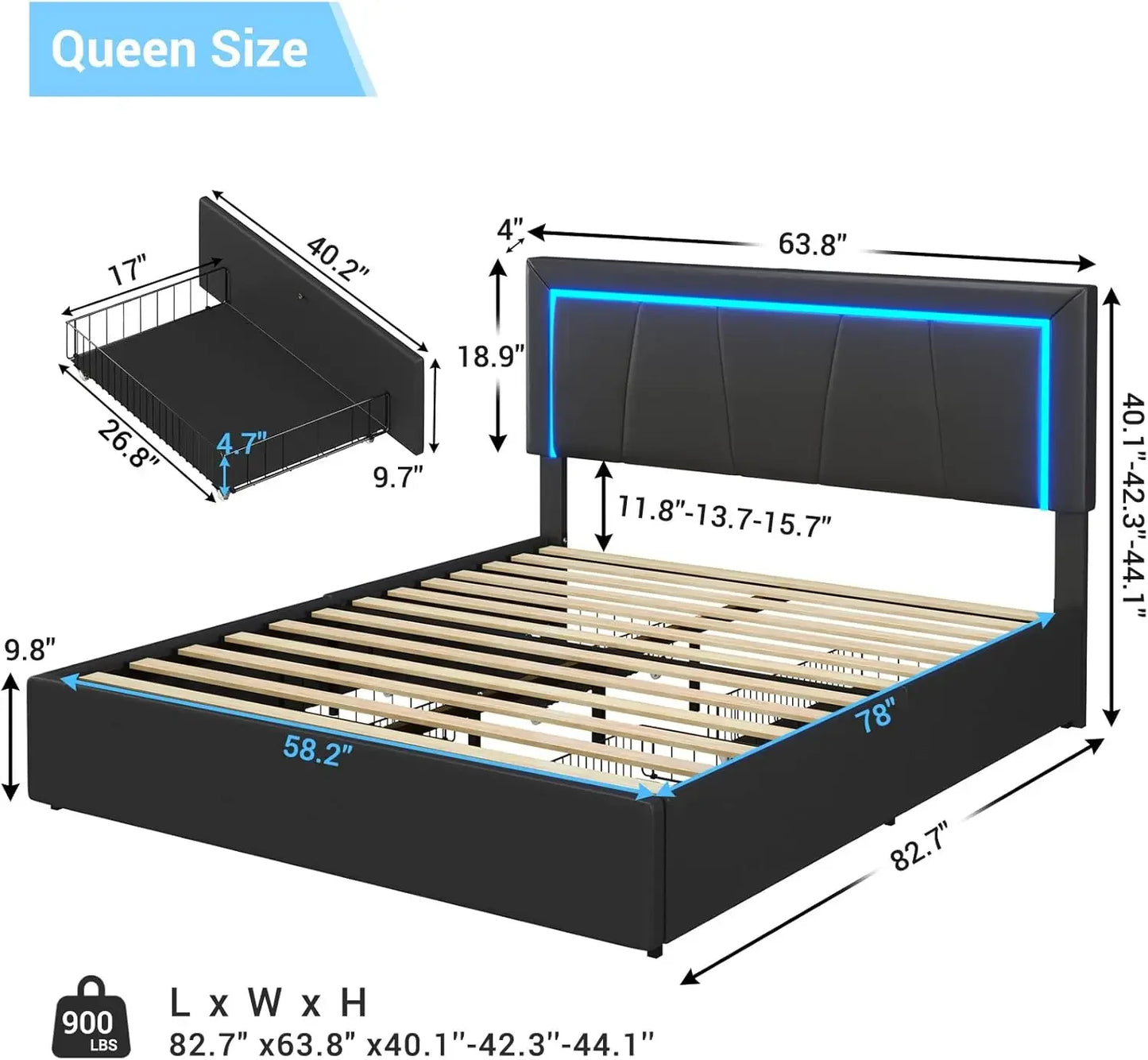 Large LED bed frame with 4 drawers and USB ports, equipped with storage space. Large black faux leather storage bed, black