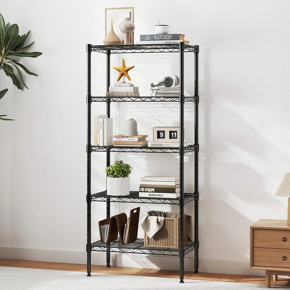 5-Tier Adjustable Metal Wire Storage Shelves, Heavy Duty Steel Rack for Kitchen Bathroom Garage, Black