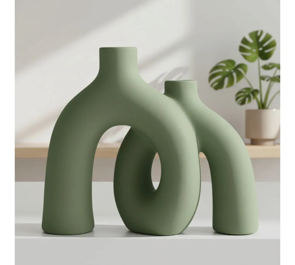 Modern Nordic Boho Ceramic Vase Set - Sage Green Home Decor for Living Room Shelf, Bookshelf, Entryway
