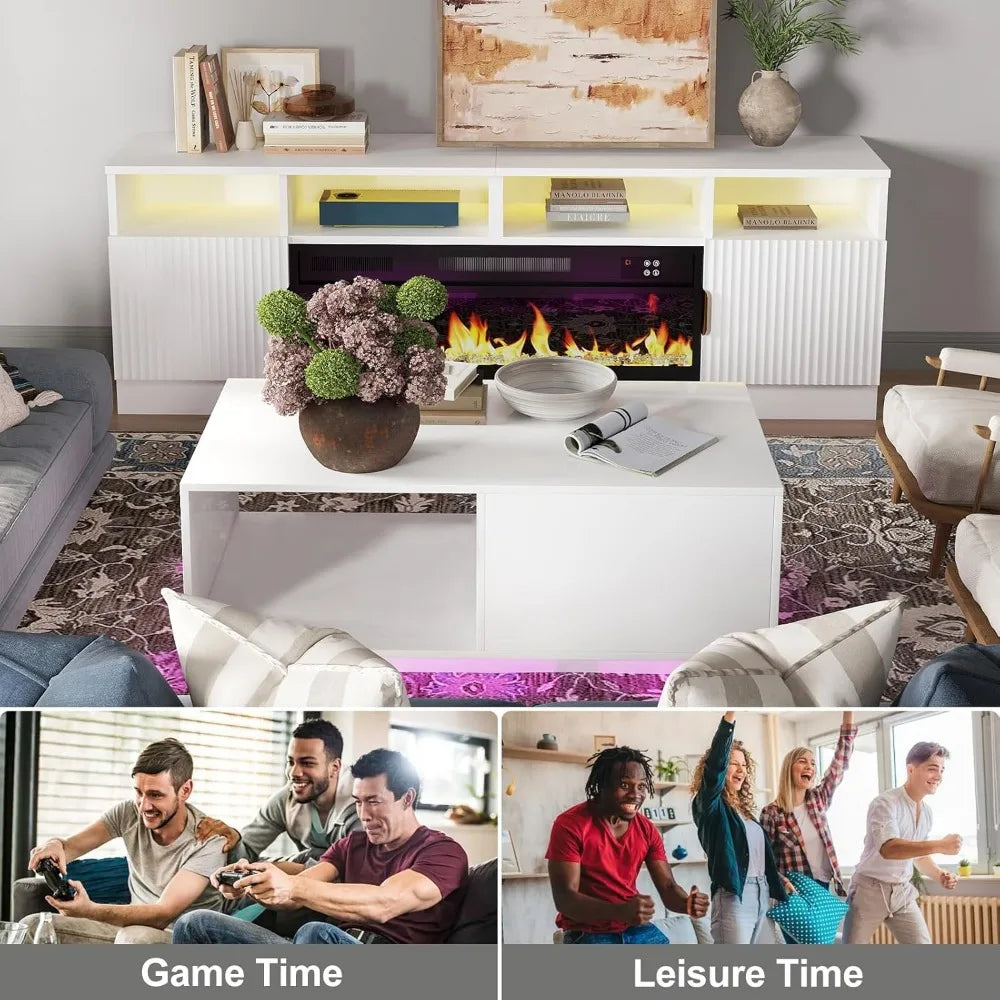Modern White LED Coffee Tables for Living Room with Drawer & 16-Color LED Lights, Rectangle Living Room Sofa Table with Ample S