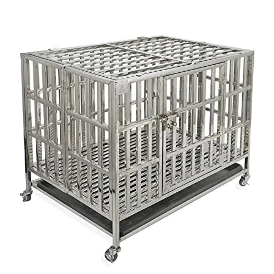 37 Heavy Duty Stainless Steel Dog Cage Kennel Crate and Playpen for Training Small Dogs Indoor Outdoor Use with Double Doors Lo