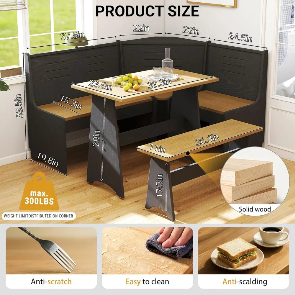 Space-Saving L-Shaped Breakfast Nook Set for 3-4 Seats with Hidden Storage - Corner Kitchen Dining Table and Bench Set in Farmho