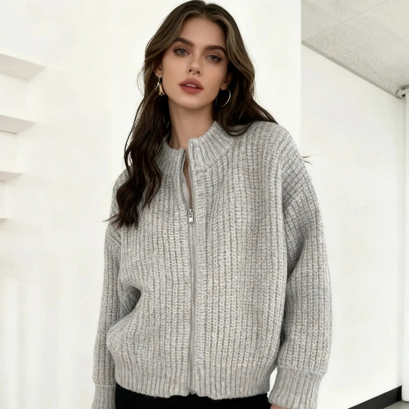 Autumn Elegant Cardigan Zipper Knitwear Winter New Women's Crew Neck Knitted Long sleeved Sweater Solid Color Casual Top