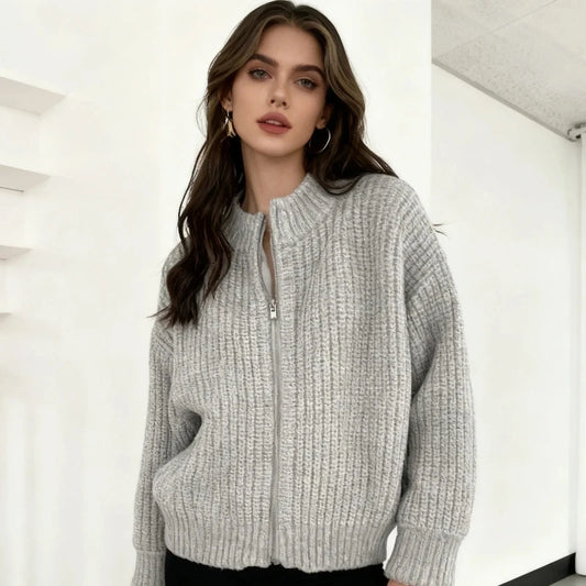 Autumn Elegant Cardigan Zipper Knitwear Winter New Women's Crew Neck Knitted Long sleeved Sweater Solid Color Casual Top