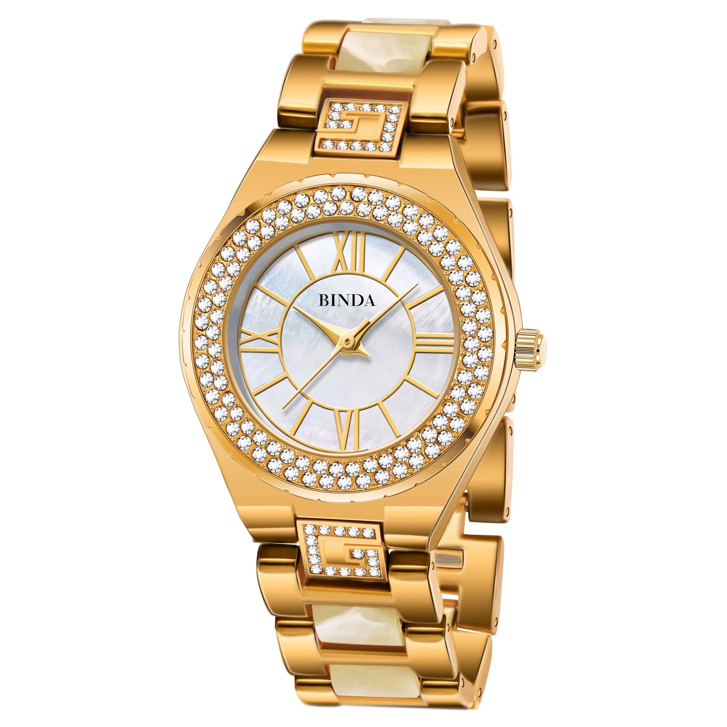 Binda Elegant Women Gold Quartz Watch Amber Accents, Mother-of-Pearl Dial, Roman Numerals, Amber Bracelet, Gift Box