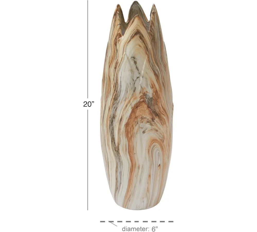 Modern Ceramic Vase with Marbled Finish, Angled Edge Design for Home Decor, Rust Accents, 7x7x21 Inches Beige Centerpiece