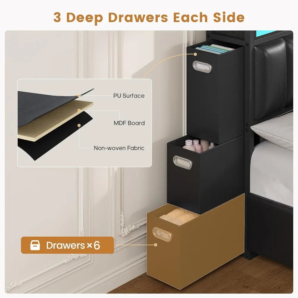 California King Bed Frame with 10 Storage Drawers, RGB LED Bookcase Headboard, and PU Upholstered Cal King Bed with Charging Sta